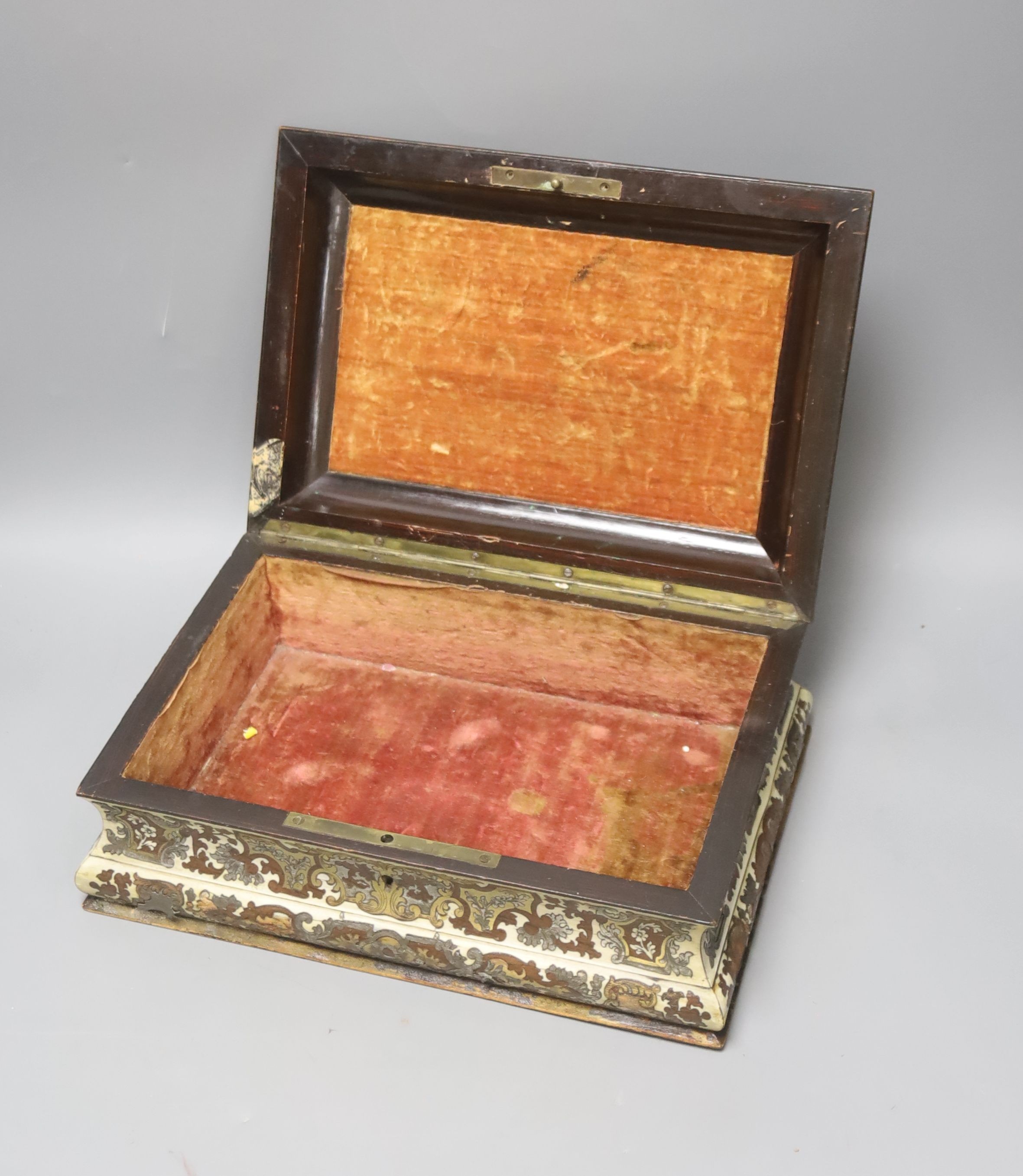 A 19th century French cut brass pewter and ivory inlaid jewellery box, h 10cm, 27 x 19cm, together with a parquetry box (2)